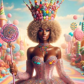 a black woman in a dress with candy on her head