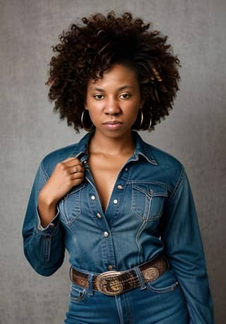 with an afro wearing a denim shirt and jeans