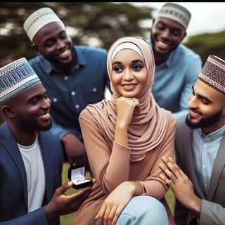 Un grupo de mujeres musulmanas está sonriendo y sosteniendo sus teléfonos.