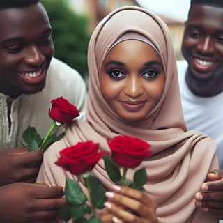 a muslim woman is holding a rose in front of two men