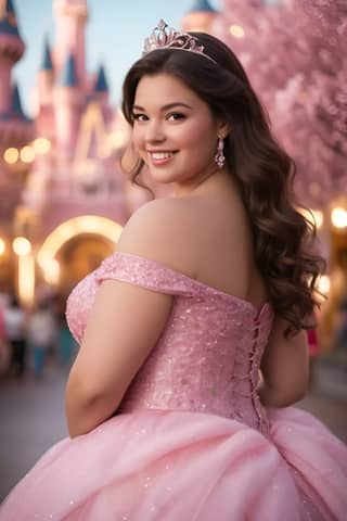 in a pink ball gown posing in front of a castle