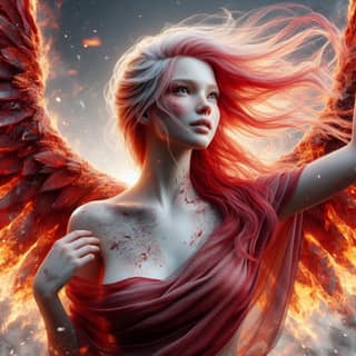 with red hair and wings is standing in front of a fire