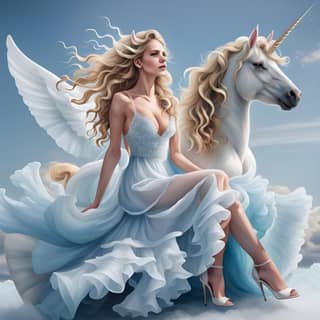 woman in a blue dress sits on a white unicorn