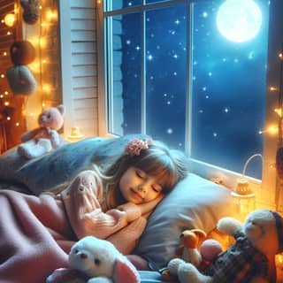 a little girl sleeping in bed with teddy bears