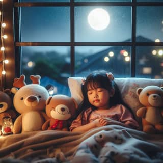 a little girl sleeping in bed with teddy bears