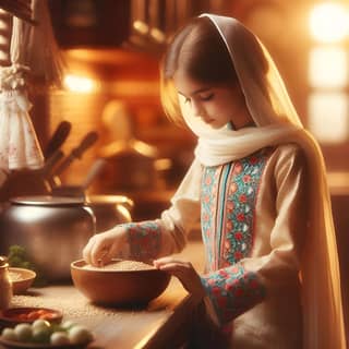 a little girl in a traditional indian dress is preparing food