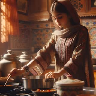 in traditional clothing cooking food in a kitchen