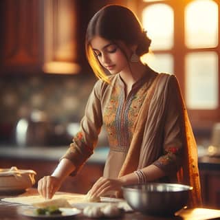 in a traditional indian dress preparing food