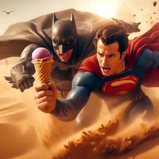 Zwei Superman- und Batman-Figuren im Sand.