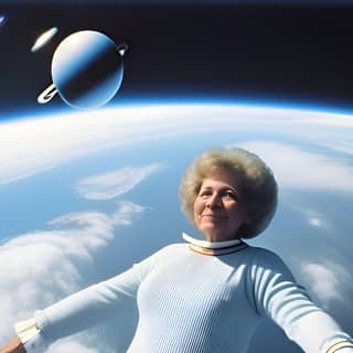 an older woman standing in front of a planet