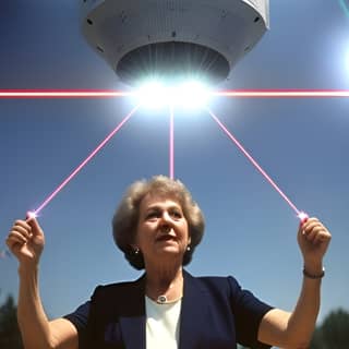 holding up a laser light in front of a large satellite