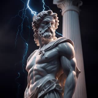 a statue of with lightning in the background