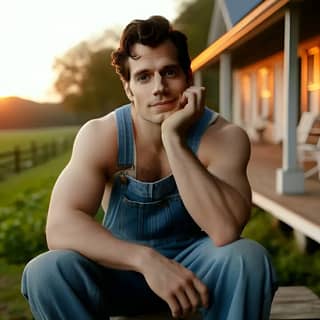 in overalls sitting on a bench in front of a house