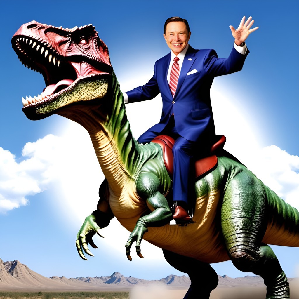 in a suit riding a dinosaur