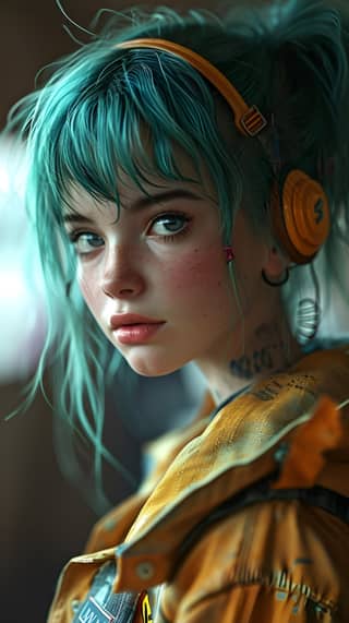 a girl with blue hair and headphones