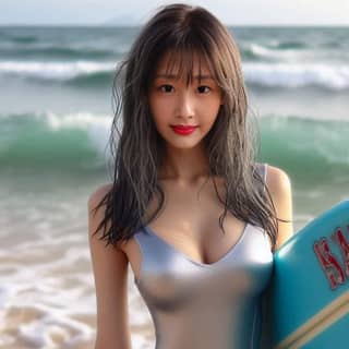 in a silver bodysuit holding a surfboard