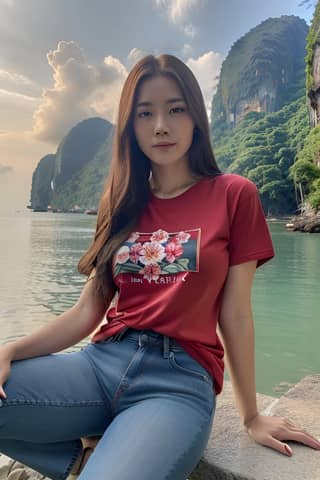 Orang dengan baju merah duduk di atas batu.