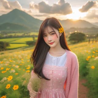 beautiful asian girl in pink dress holding flowers in field