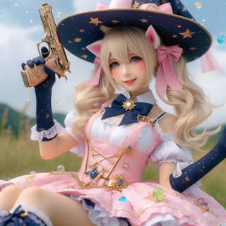 a doll with a hat and gun sitting on a grassy field