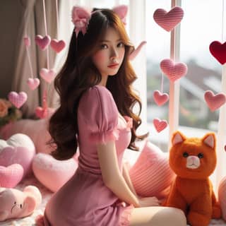 a pretty girl in pink sitting on a bed with a teddy bear