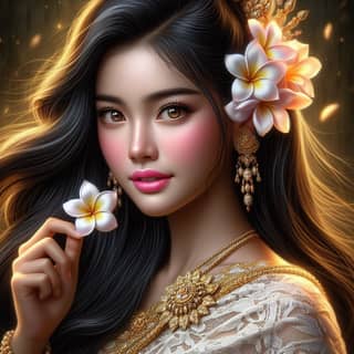 beautiful thai girl with long hair and flower in her hand