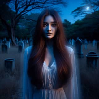 in a white dress standing in a graveyard