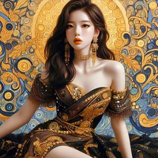 woman in a gold dress sitting on a chair