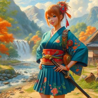 woman in a kimono standing by a waterfall