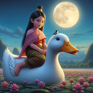 a girl riding a duck in front of a full moon