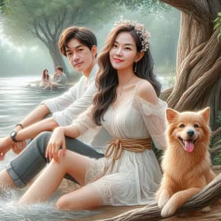 a couple sitting on a log in the water with a dog