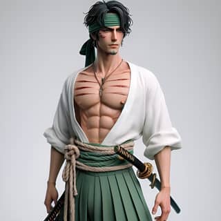 in a green kimono holding two swords