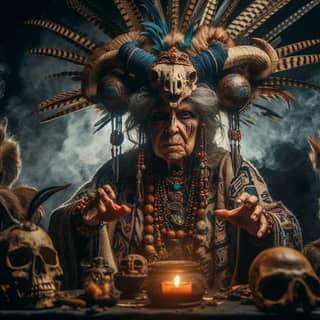 an old man in a headdress with skulls and other skulls