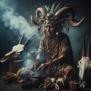 an old man with horns and horns sitting in front of a fire