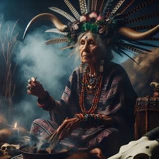 an old woman in native costume sitting in front of a skull