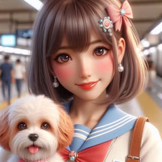 anime girl holding a dog in a subway station