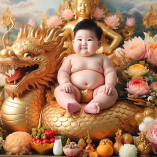 a baby sitting on a golden dragon