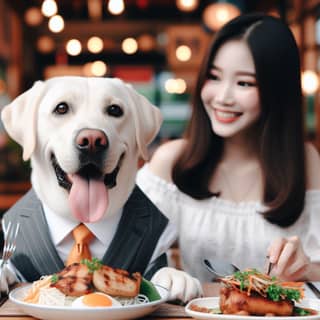 a dog sitting at a table with food