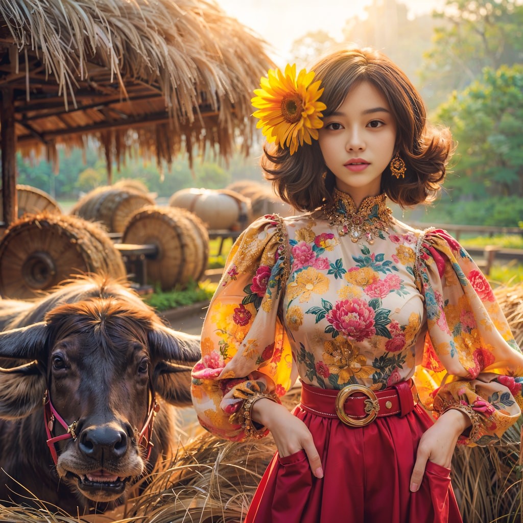 in a floral dress standing next to a cow