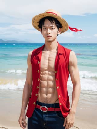 in a red vest and hat standing on the beach