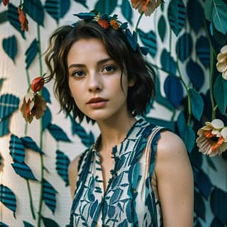 in a floral dress standing in front of a wall of flowers