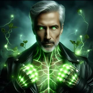 with green glowing hands and a leather jacket