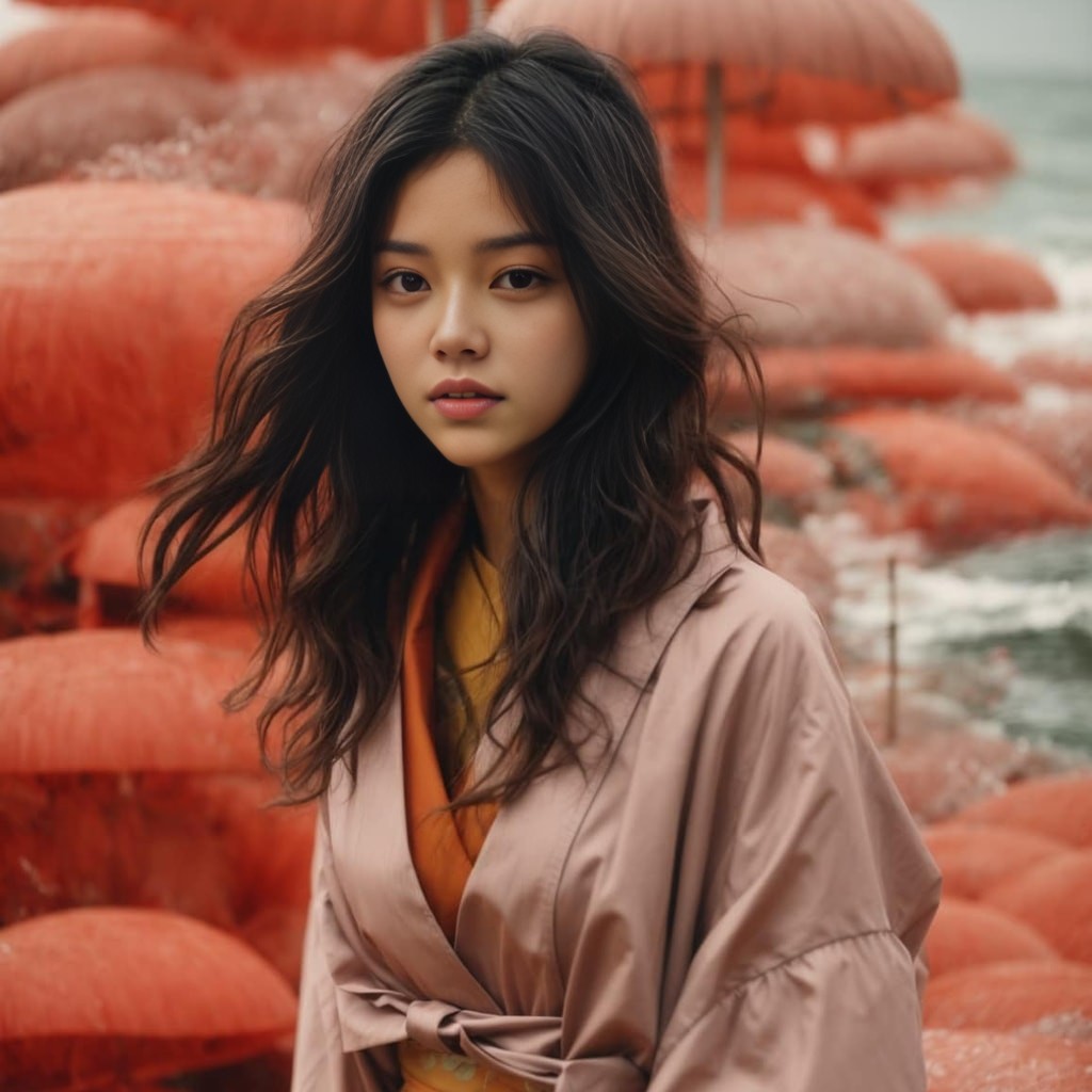 in a kimono is standing in front of umbrellas