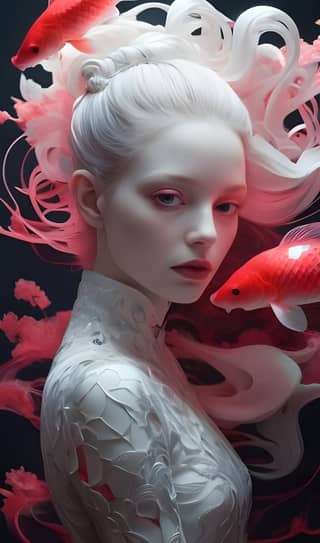 with long white hair and red fish