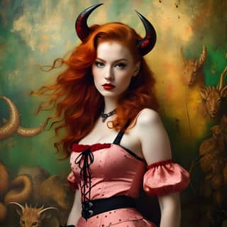 with red hair and horns in a pink dress