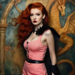 red haired woman in a pink dress