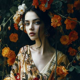 in an orange dress surrounded by flowers