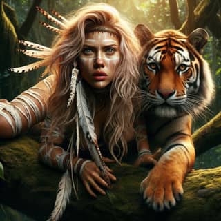 woman with a tiger in the woods