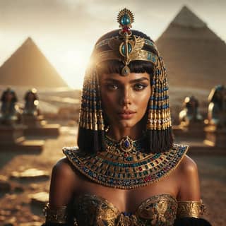 an egyptian woman in front of the pyramids