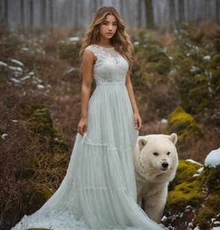 in a wedding dress and white bear in the woods