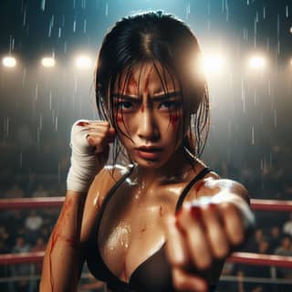 with blood on her face in a boxing ring